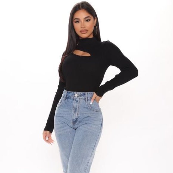 Fashion Nova Tops - Fashion Nova Cutout Sweater Bodysuit Black